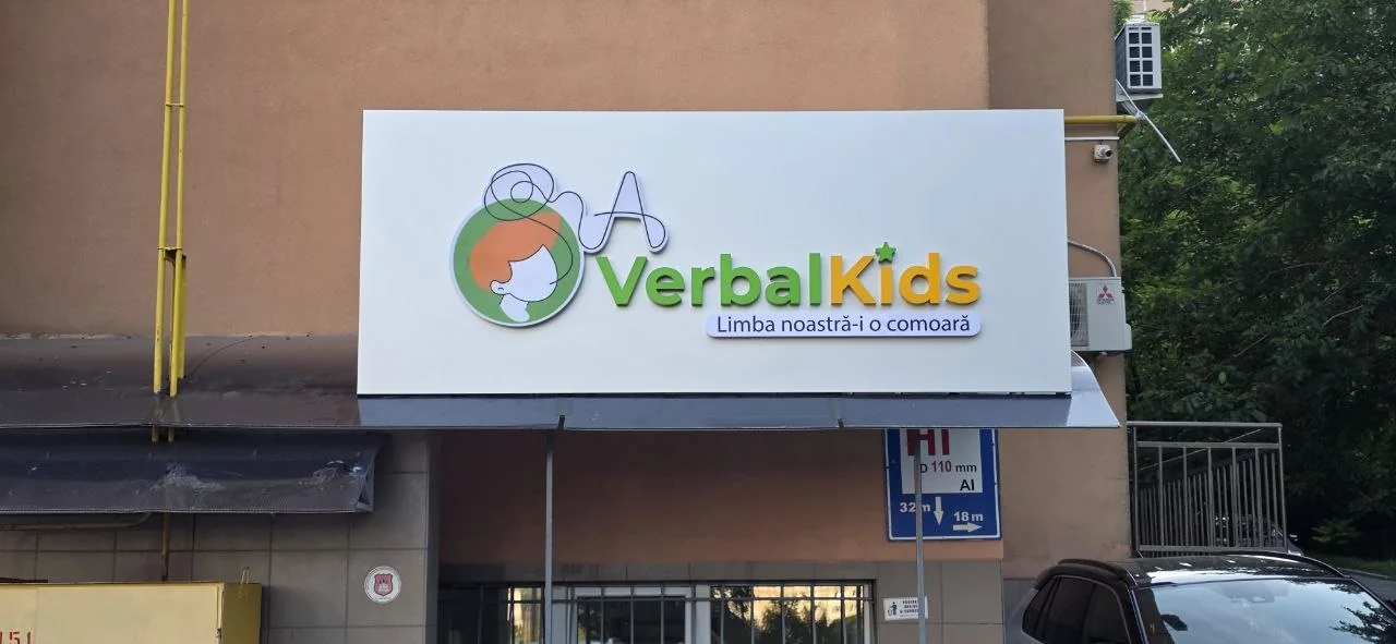 Logo și litere volumetrice VerbalKids realizate pe panou decorativ